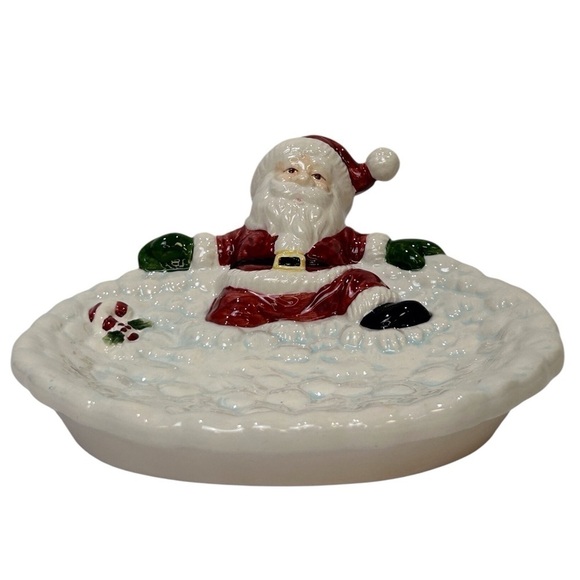 Santa on Snow Soap Dish/Candy Tray Christmas White/Red/Black Porcelain EUC - Picture 3 of 6